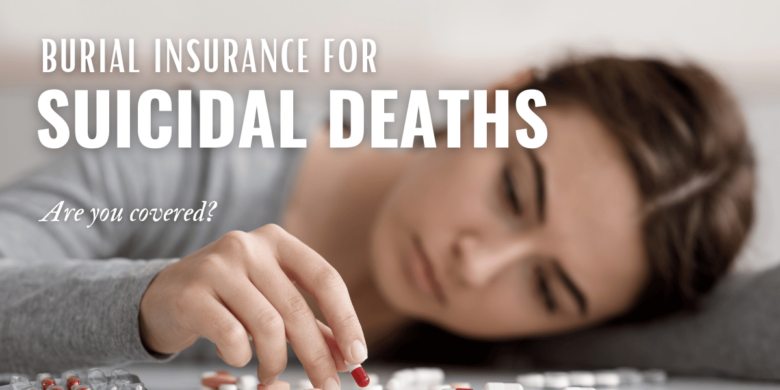 Image showing a woman surrounded by numerous pills with text about Burial Insurance for Suicidal Deaths.