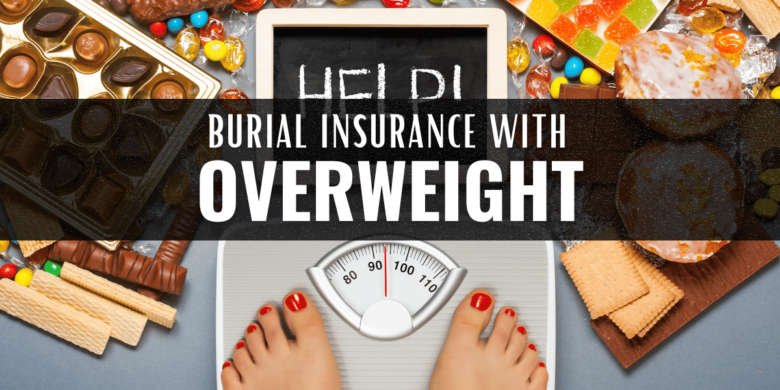 Image showing a weighing scale indicating an overweight measurement, surrounded by candies and chocolates, with text about Burial Insurance with Overweight.