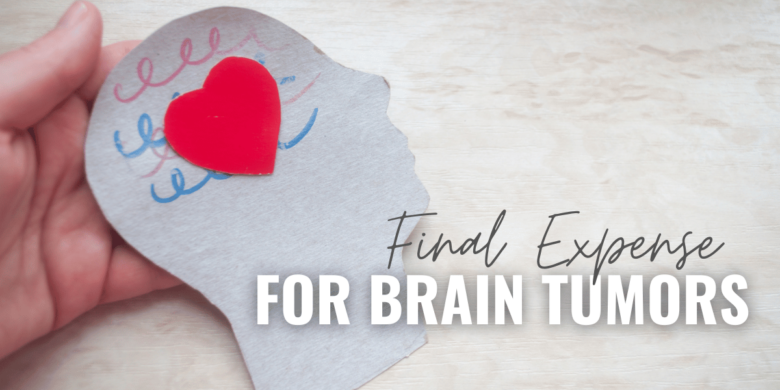 Illustration of a paper head with a prominent brain tumor and a heart symbol, representing the concept of final expenses related to brain cancer.