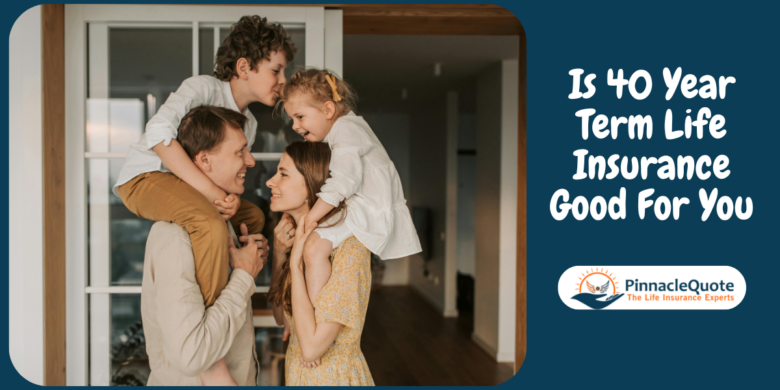 Young parents smiling with two children at home, illustrating how 40 year term life insurance from PinnacleQuote helps protect family income and future needs.