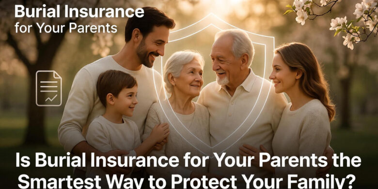 Alt Text (for accessibility & SEO): A multi-generational family — adult children, elderly parents, and young grandchildren — happily embracing in a sunlit park with blooming cherry blossoms. A subtle glowing shield surrounds the grandparents, symbolizing protection. Text overlay reads “Burial Insurance for Your Parents” and “Is Burial Insurance for Your Parents the Smartest Way to Protect Your Family?”