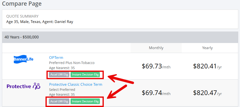 Instant decision 40 year term quotes from Banner Life and Protective Life