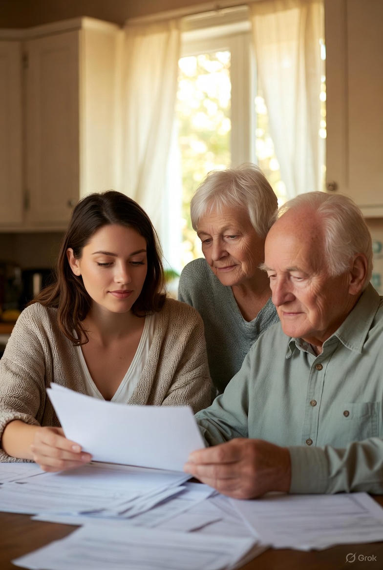 Adult child reviewing burial insurance options with aging parents