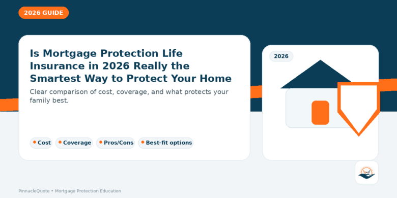 Mortgage protection life insurance guide—home and shield graphic with PinnacleQuote branding