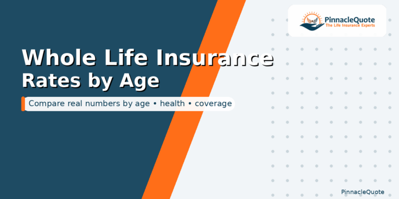 PinnacleQuote featured graphic showing “Whole Life Insurance Rates by Age” with navy and orange design and PinnacleQuote logo.